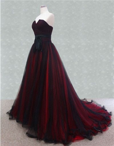 Strapless Black and Red Tulle Sweep Train Prom Dress Y1155 Simplepromdress Strapless Black and Red Tulle Sweep Train Prom Dress Y1155 Simplepromdress