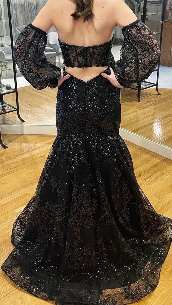 Charming Black Lace Mermaid Prom Dresses,Sexy Black Formal Gown Y1496