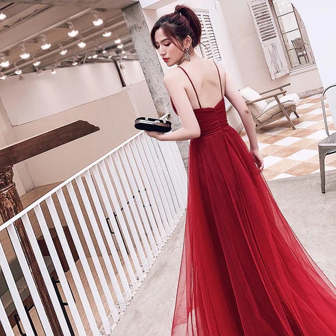 Wine Red Simple Low Back Straps Tulle Prom Dress, Formal Dress Y772
