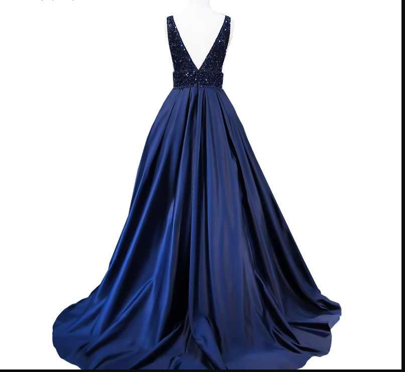 Women's Long Evening Dress Navy Blue V-Neck Sleeveless Open Back Beaded Formal Evening Dress Y1193