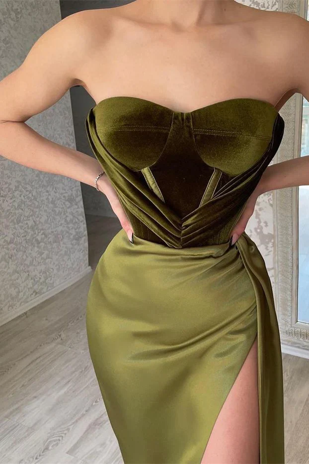 Elegant Olive Green Strapless Mermaid Velvet Bustier Prom Dresses Modest Evening Dress Y377