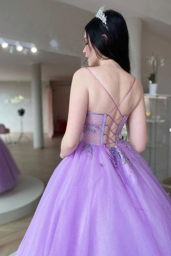 Purple V Neck Tulle Lace Long Prom Dress Purple Tulle Formal Dress Y1093