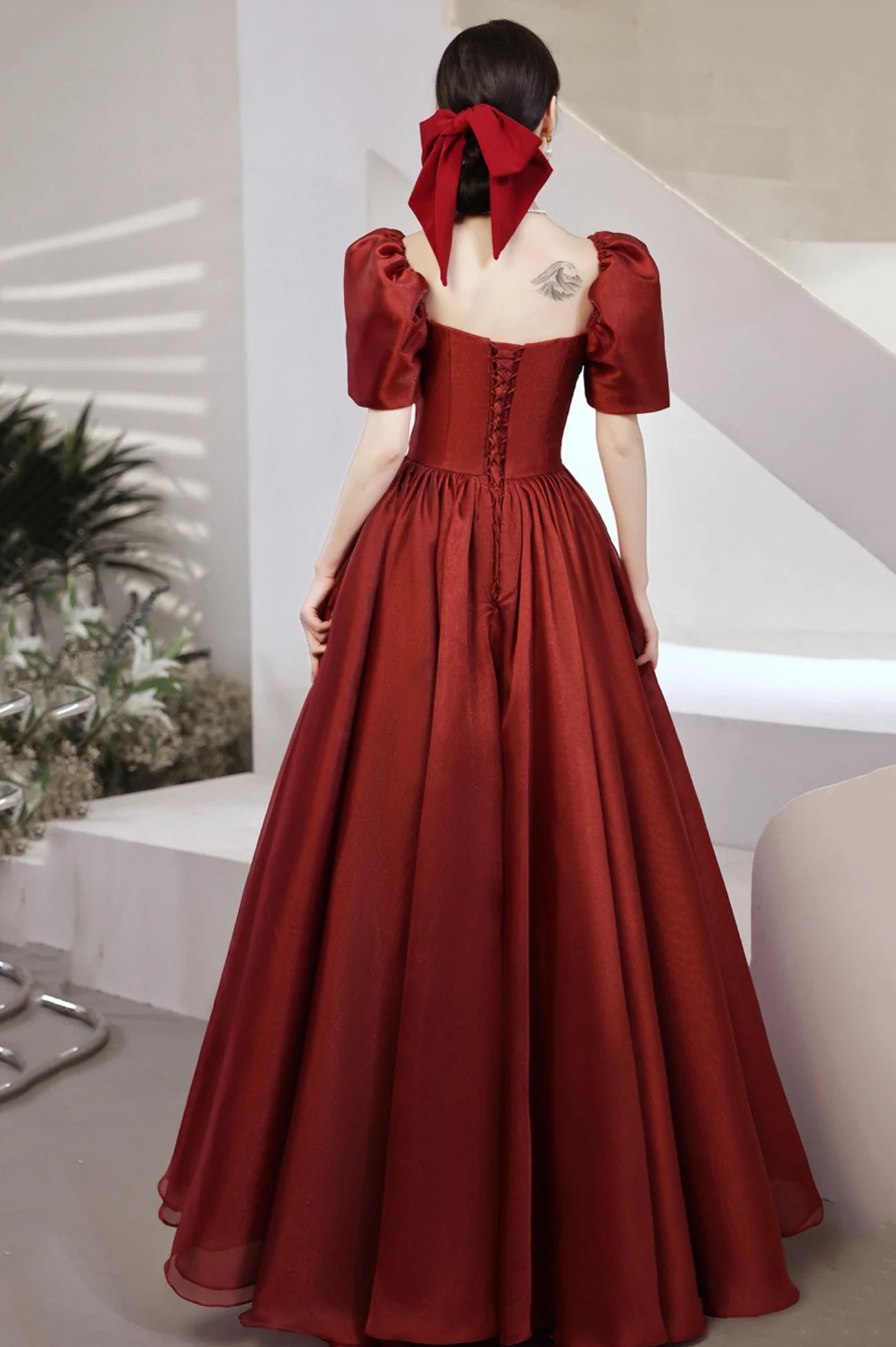 Burgundy Satin Long Prom Dresses, A-Line Short Sleeve Evening Dresses Y1170