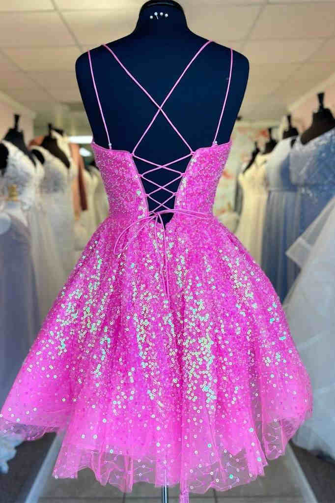 Cute Hot Pink Sequins A-Line Homecoming Dress Y1641