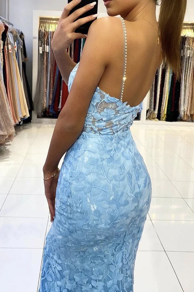 Mermaid V Neck Backless Blue Lace Long Prom Dress, Mermaid Blue Lace Formal Dress, Blue Lace Evening Dress Y333