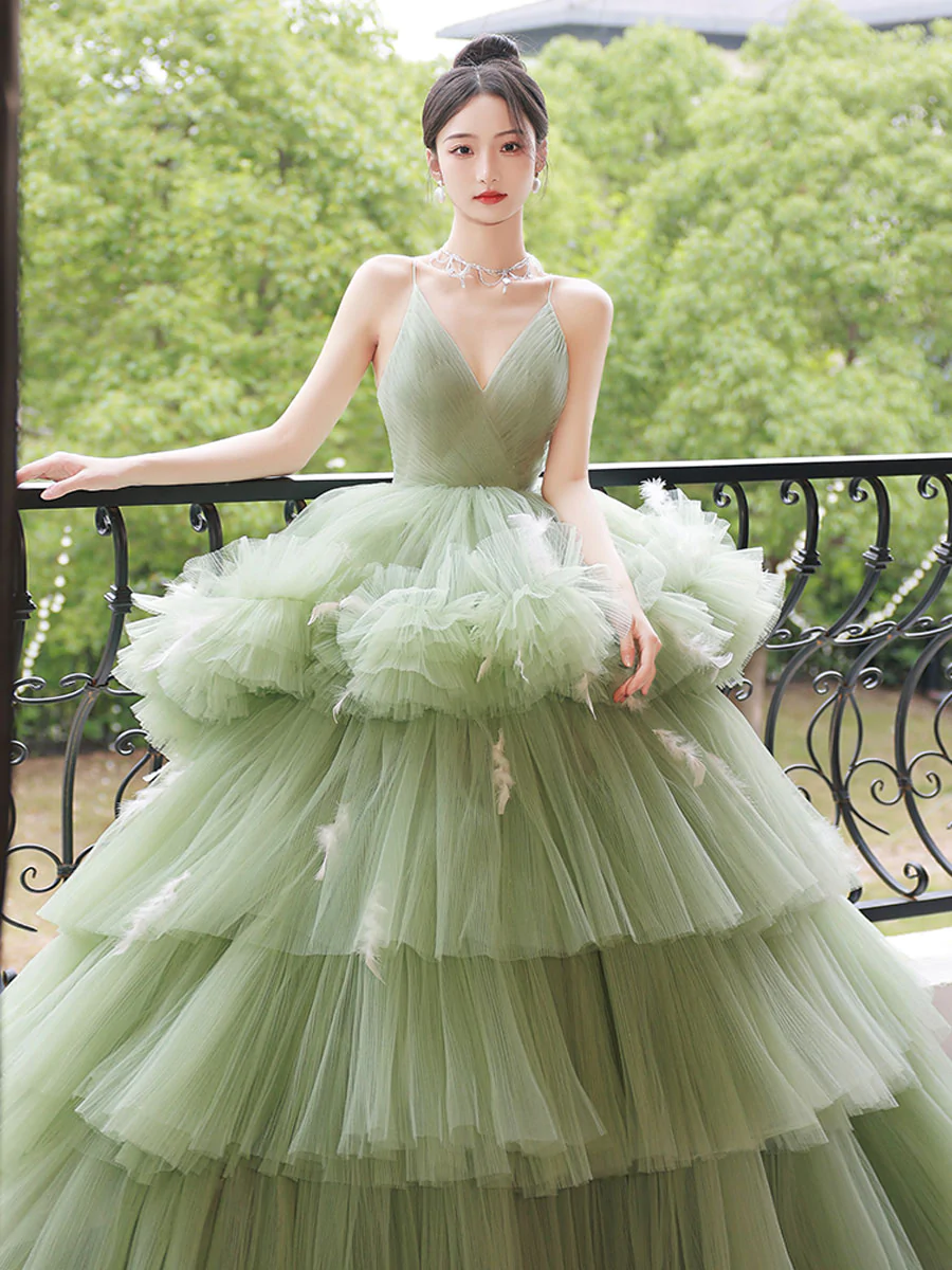 Green v neck tulle long prom dress, green tulle sweet 16 dress Y838