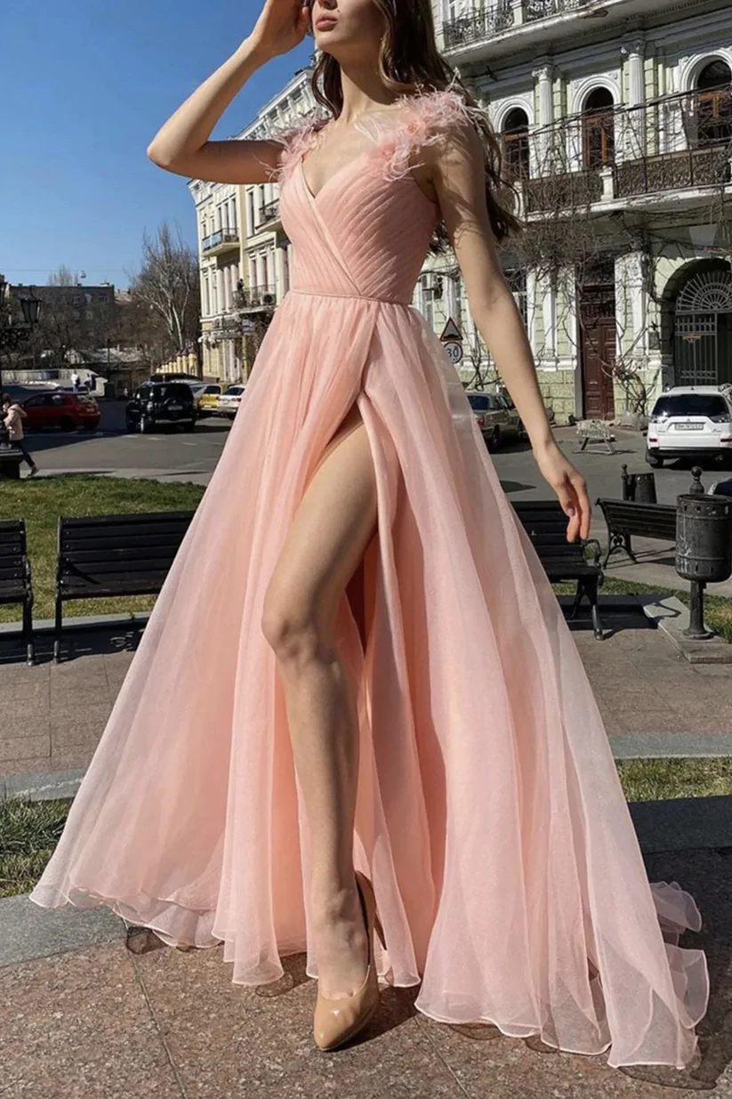 Elegant V Neck Pink Tulle Long Prom Dresses with High Slit, Pink Tulle Simplepromdress Elegant V Neck Pink Tulle Long Prom Dresses with High Slit, Pink Tulle Simplepromdress