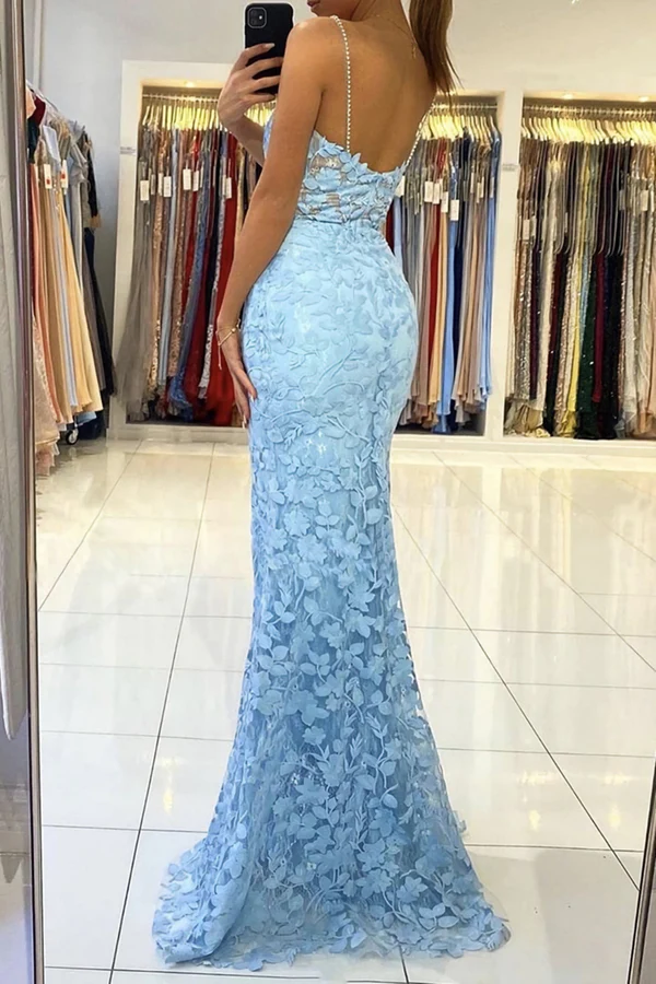 Mermaid V Neck Backless Blue Lace Long Prom Dress, Mermaid Blue Lace Formal Dress, Blue Lace Evening Dress Y1465