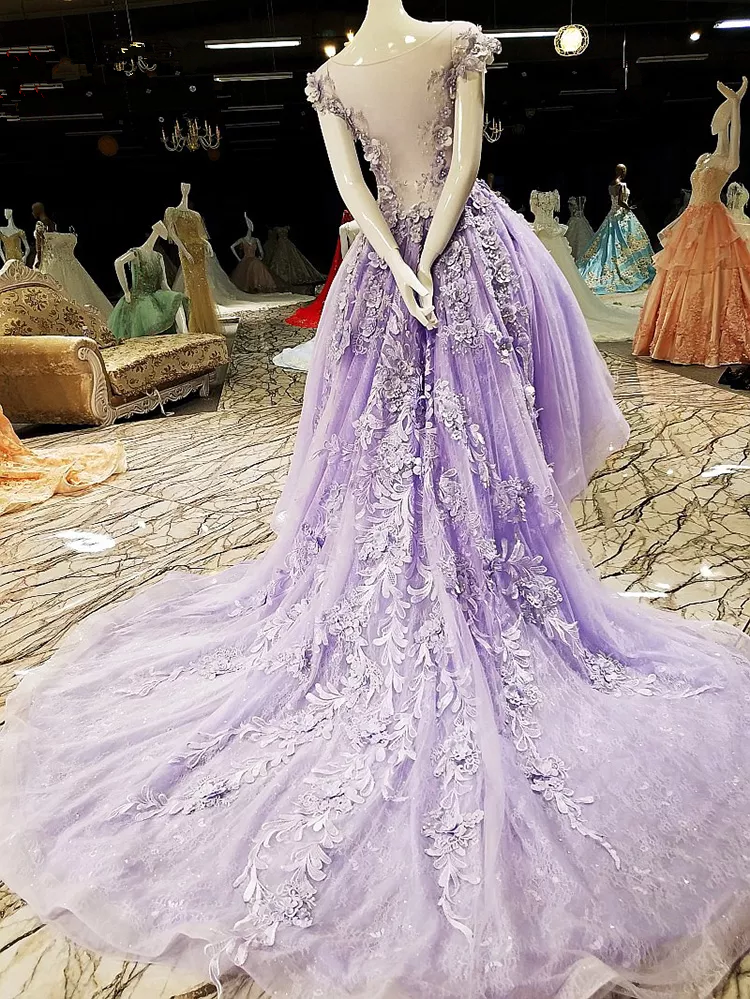 Hi-low Party Dress Lace Appliques Purple Prom Dress Y1077