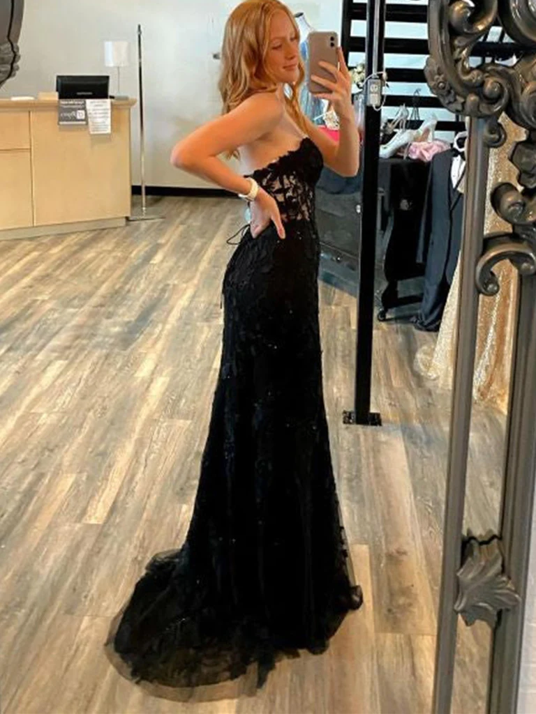 Mermaid Open Back Black Lace Long Prom Dresses, Strapless Black Formal Dresses, Black Lace Evening Dresses Y1794