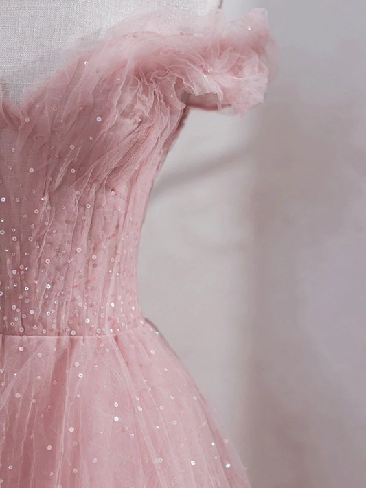 Pink Off Shoulder Tulle Tea Length Prom Dress, Tulle Formal Dress Y1281