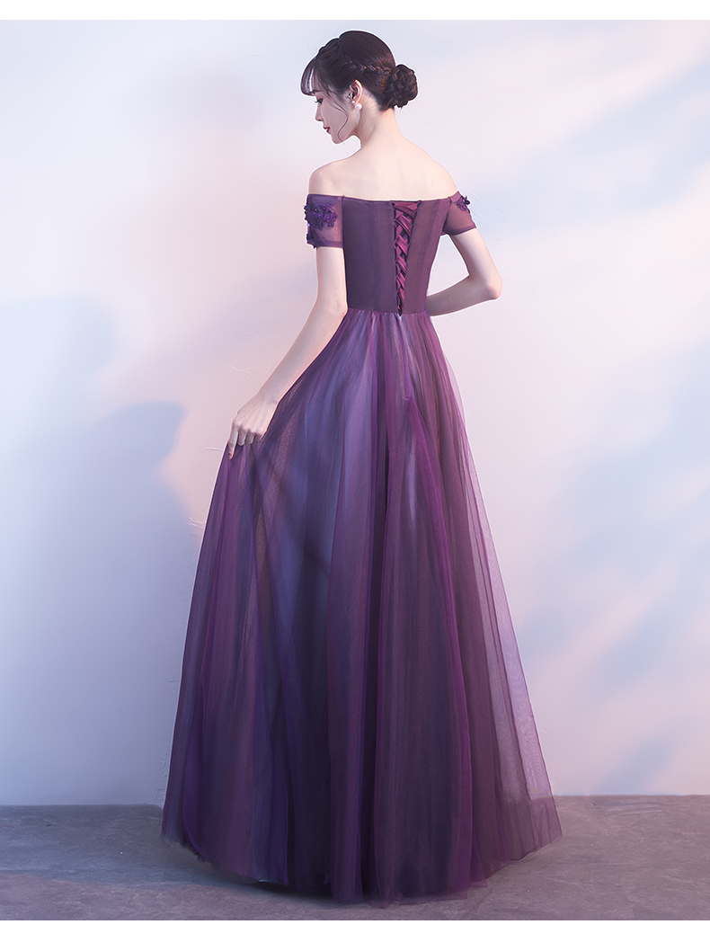 Off Shoulder Purple Tulle With Lace Prom Dresses Y884