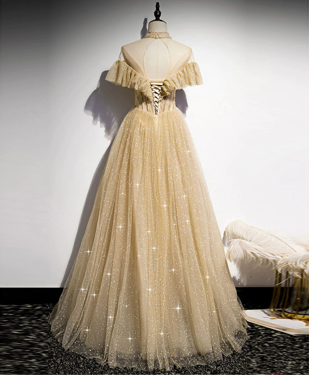 Champagne Long Prom Dress, A-line Champagne Graduation Dress with Beading Y1122