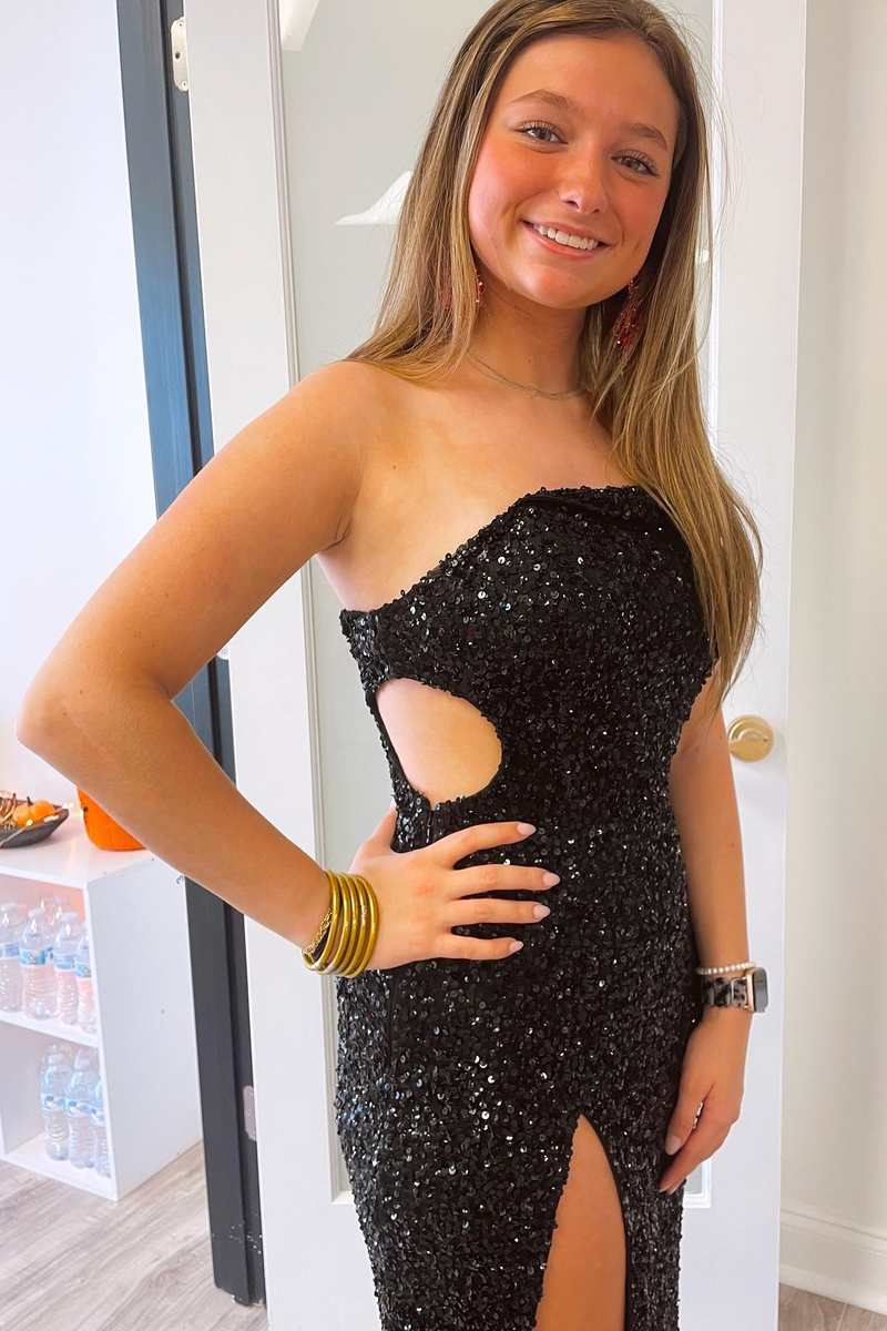 Black Sequin One-Shoulder Cutout Mermaid Long Prom Dress with Slit Y1792