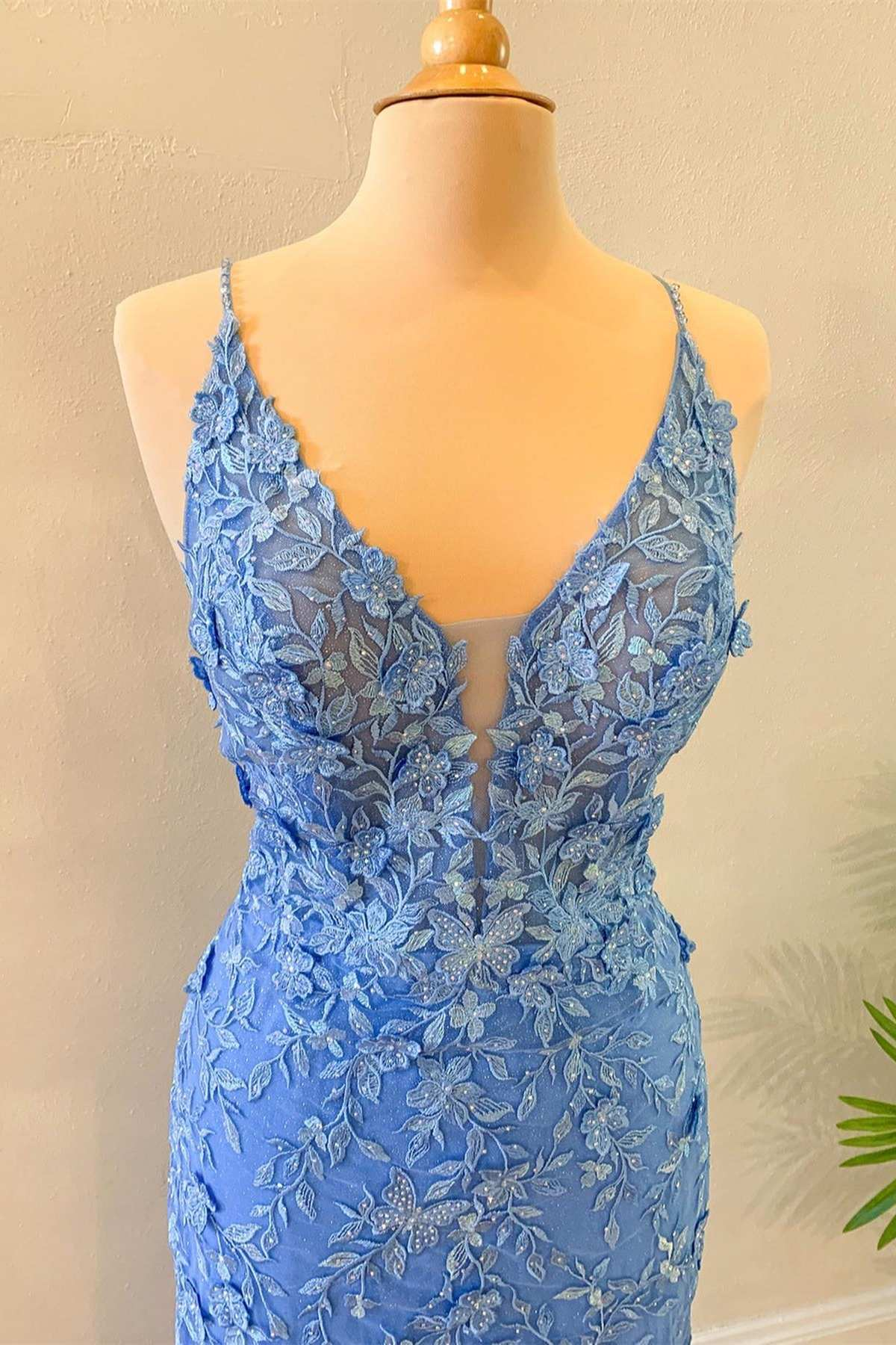 Blue Floral Appliques Backless Mermaid Long Prom Dress Y1889