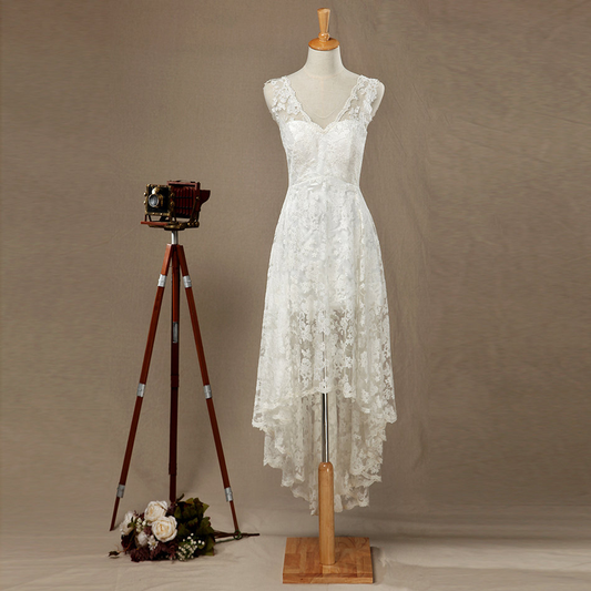 Charming A-line V Neck White Lace Hi-low Prom Dress,White Short Prom Dress Y1780