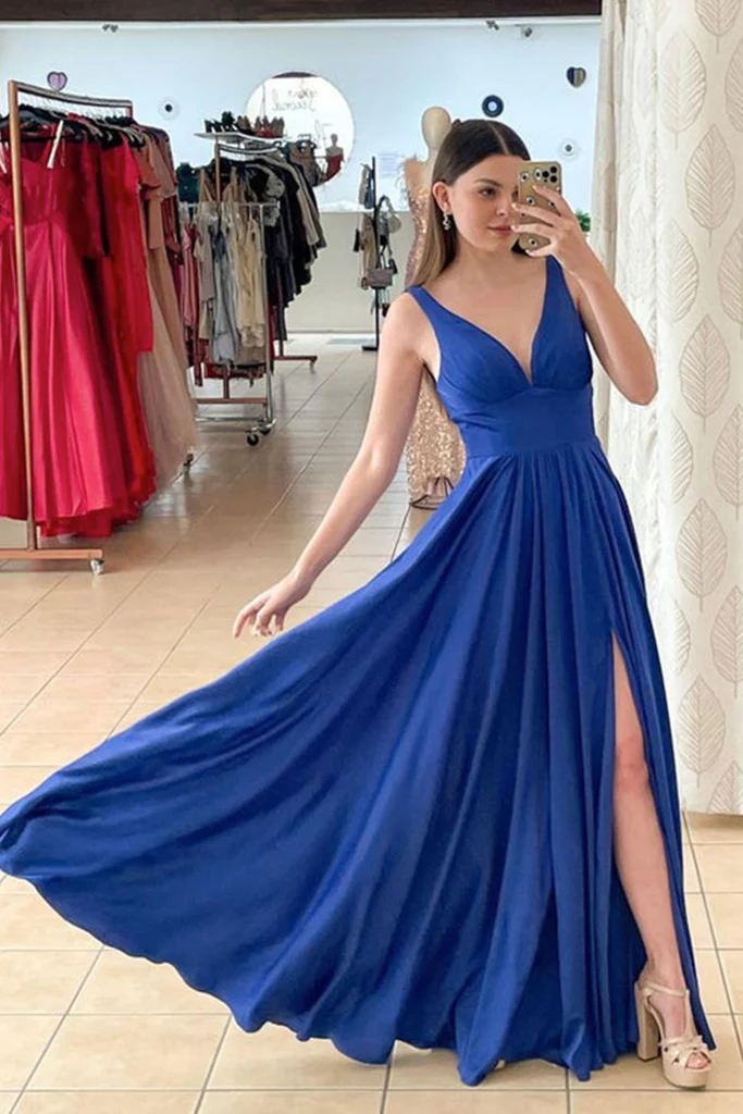 A Line V Neck Royal Blue Satin Long Prom Dress with High Slit, V Neck Simplepromdress A Line V Neck Royal Blue Satin Long Prom Dress with High Slit, V Neck Simplepromdress