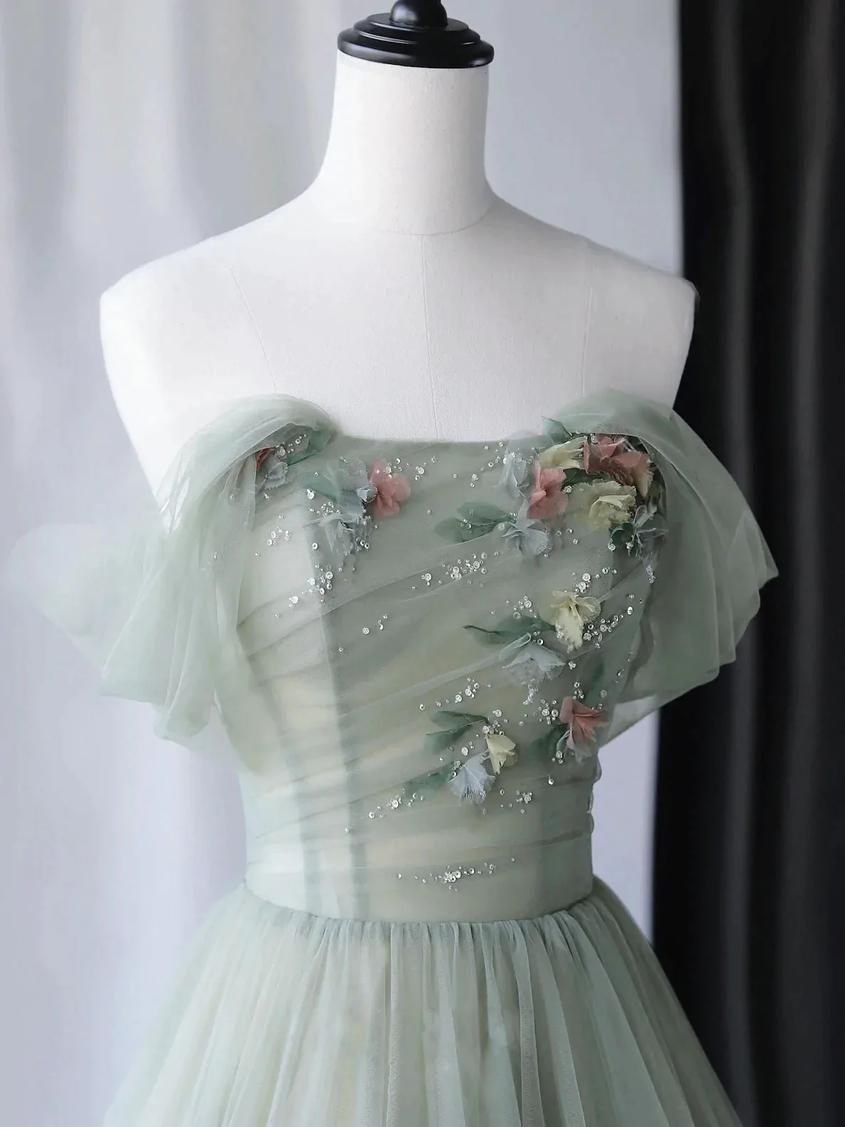 Gray Green Tulle Off Shoulder Long Prom Dress, Gray Green Formal Graduation Dresses Y1292