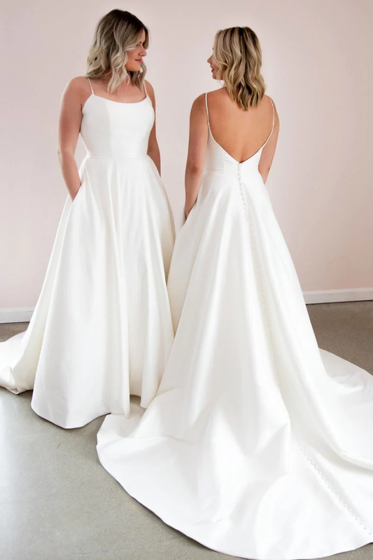 Simple white satin long prom dress white formal dress Y252