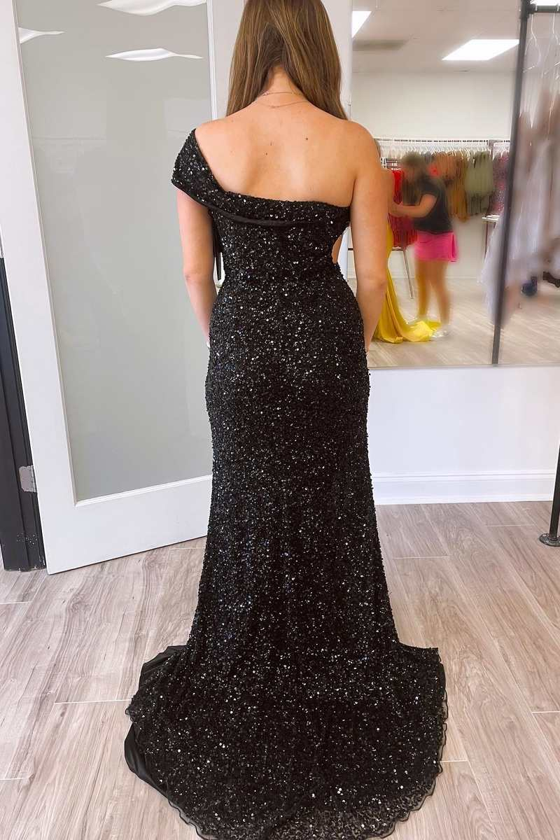 Black Sequin One-Shoulder Cutout Mermaid Long Prom Dress with Slit Y1792