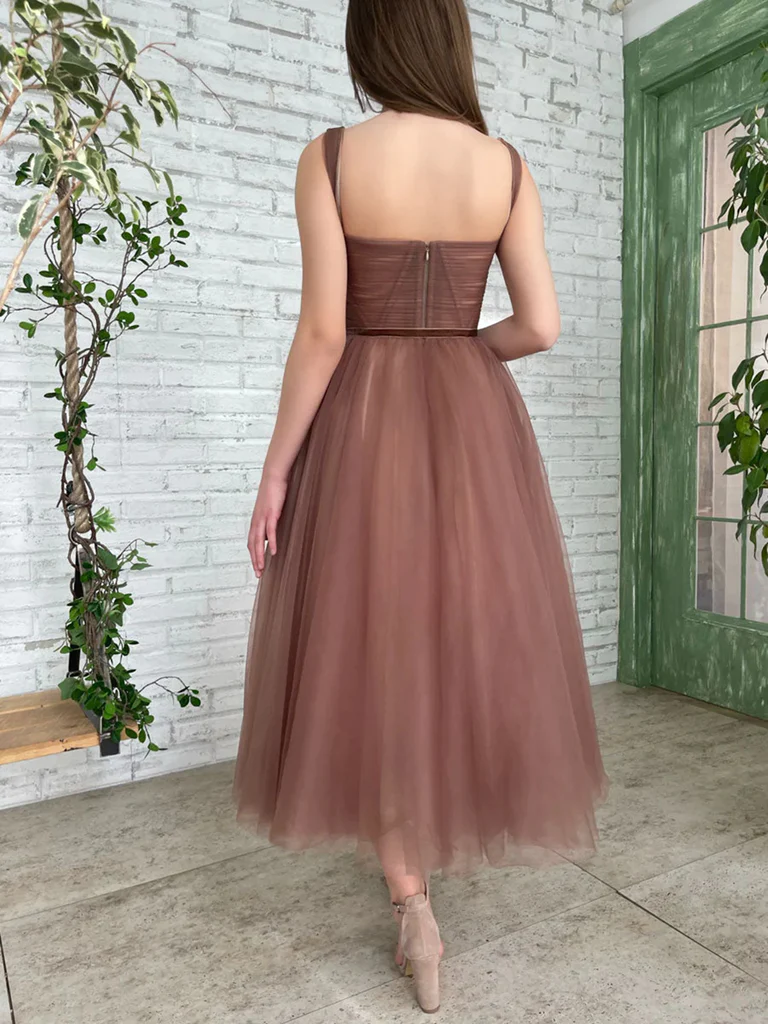 Brown Tea Length Prom Dresses, Tea Length Brown Formal Homecoming Dresses Y228