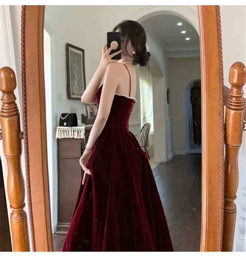 Spaghetti Straps Burgundy Velvet Prom Dress Simple Prom Dress Party Dress Y659