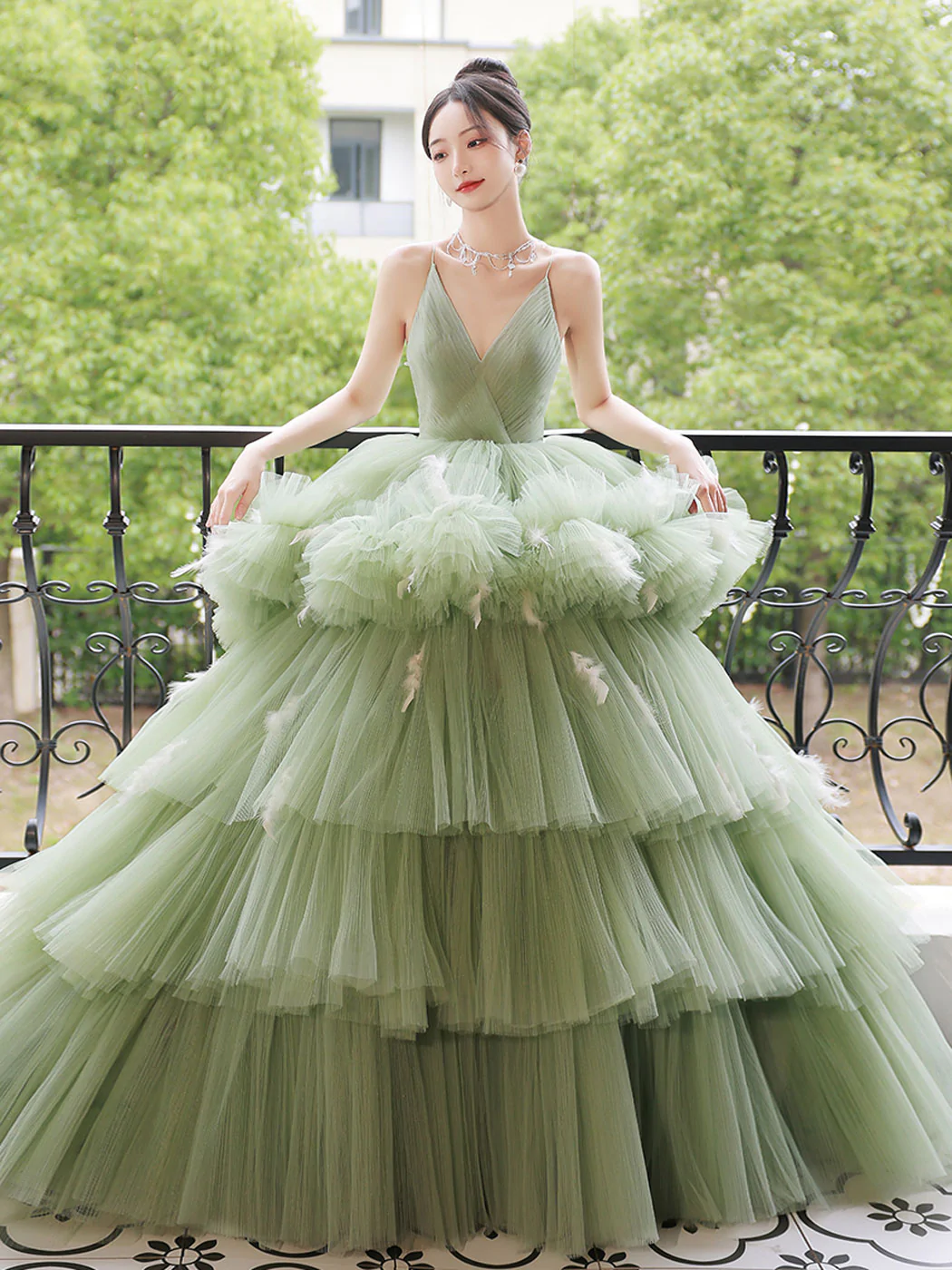 Green v neck tulle long prom dress, green tulle sweet 16 dress Y838