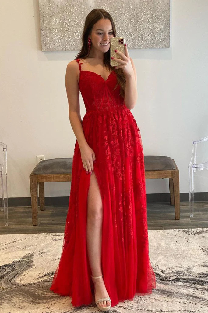 V Neck Tulle Red Lace Long Prom Dress with High Slit, Red Lace Formal Simplepromdress V Neck Tulle Red Lace Long Prom Dress with High Slit, Red Lace Formal Simplepromdress