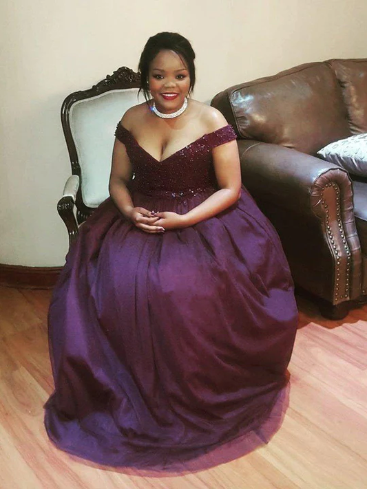 Off-the-Shoulder Sleeveless With Beading Floor-Length Tulle Plus Size Dresses Purple Prom Dress Y1084