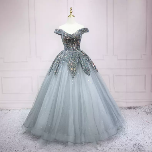 Silver Off The Shoulder Tulle Prom Dress s12