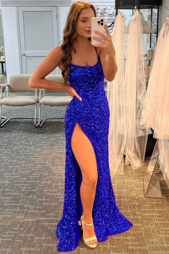 Glitter Sequin Prom Dresses High Slit formal dress Royal Blue Evening –  Simplepromdress