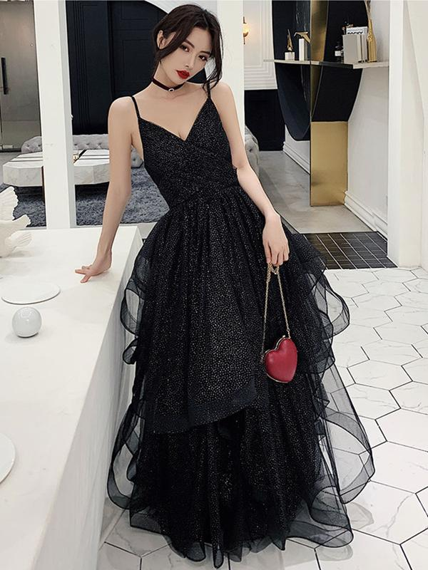 Shiny Black V Neck Prom Dresses, Backless Black V Neck Formal Evening Gown Y1148