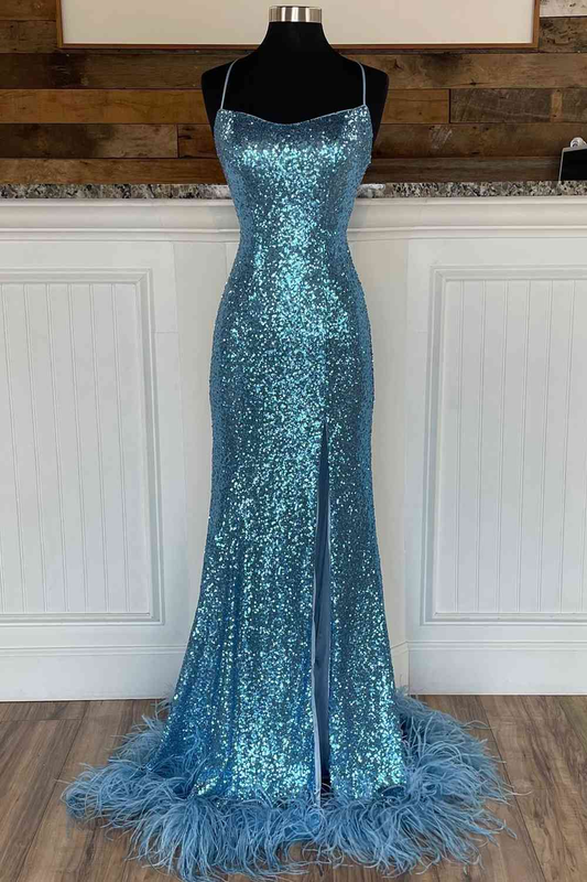 Long Sequined Blue Straps Prom Dress with Feather Hem Y340