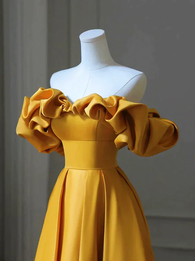 Charming Gold Satin Long Party Dress, Off Shoulder A-Line Prom Dress Y1855