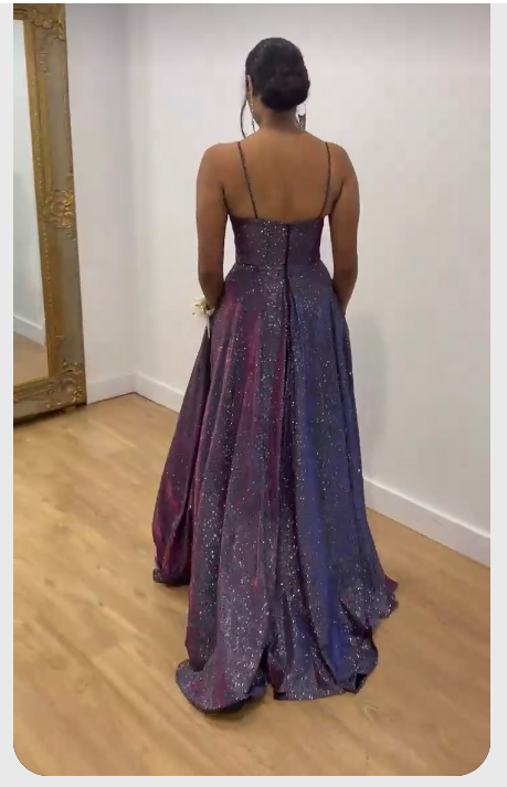 Spaghetti Straps Sparkly Purple Ruched Prom Dress with Pockets Y341