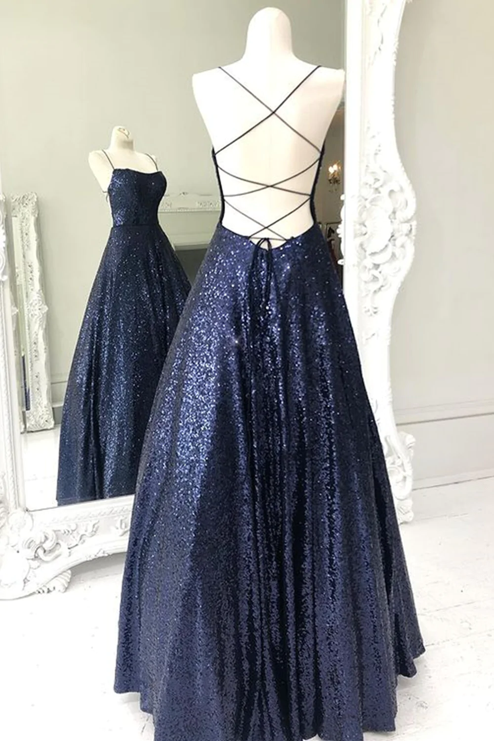 Sparkly Backless Navy Blue Long Prom Dresses, Open Back Long Navy Blue Formal Evening Dresses Y875