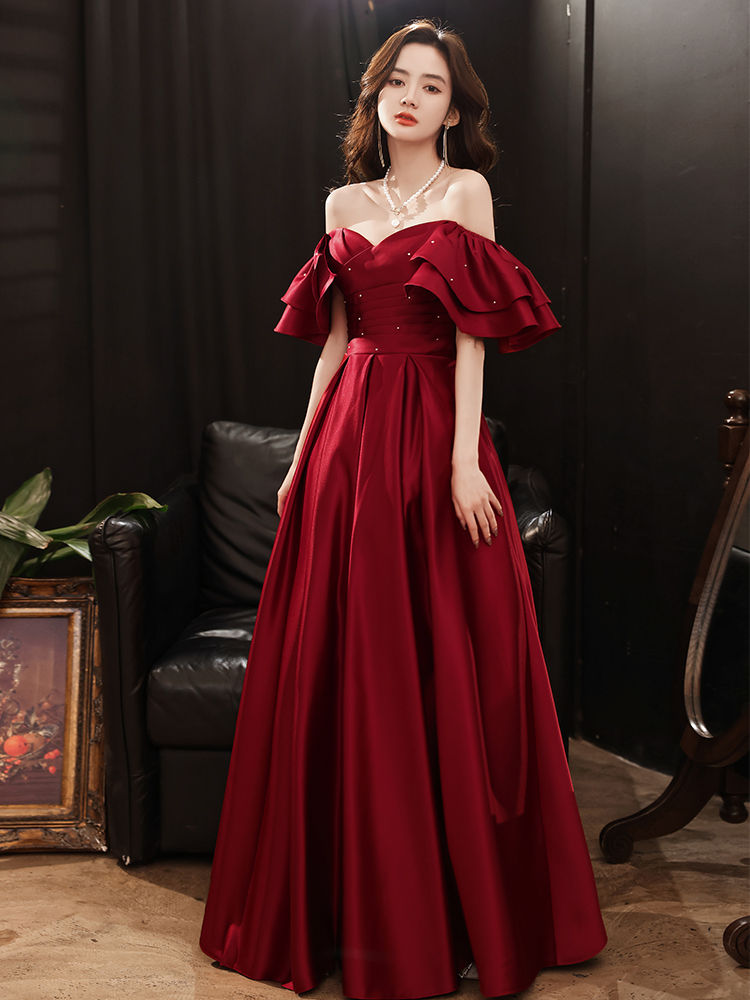Dark Red Satin New Style Off Shoulder Long Prom Dress Y1643