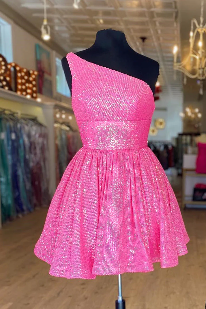 Hot Pink One Shoulder A Line Short Homecoming Dress Sequins Y1487 Simplepromdress Hot Pink One Shoulder A Line Short Homecoming Dress Sequins Y1487 Simplepromdress