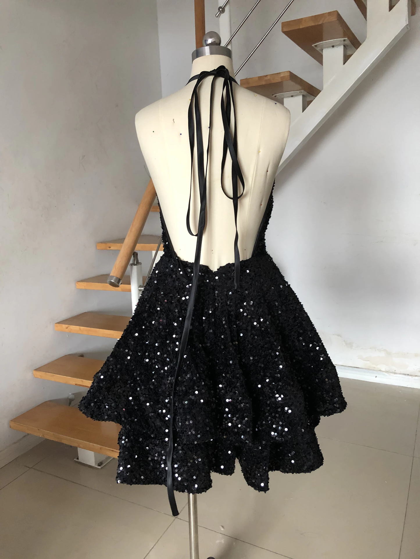 Halter Neck Pink Sequins Party Dress Back To School Dress Y17