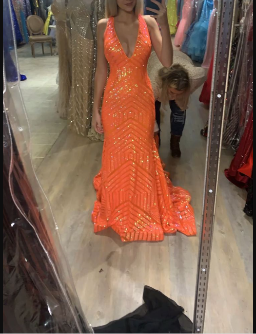 Sexy Sparkly Mermaid V Neck Sequins Long Prom Dresses, Orange Evening Dresses Y1397