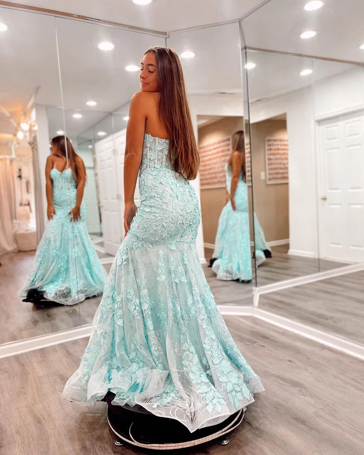Cute Mermaid Sweetheart Mint Lace Long Prom Dresses Y1669