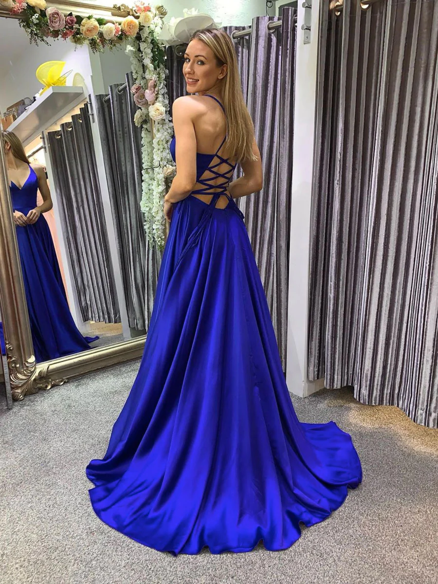 Simple A line blue long prom dress, backless blue evening dress Y367