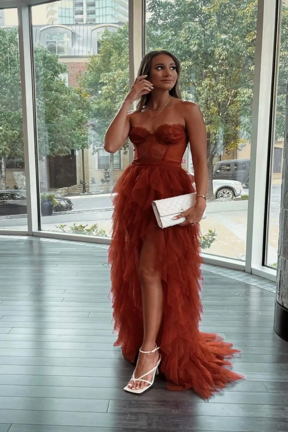 Rust Red Sweetheart High Low Tiered Formal Dress,Tulle Long Evening Prom Dresses Y278