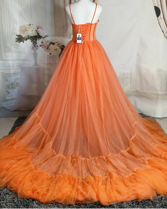 Spaghetti Straps Orange Tulle Evening Dress,Sexy Prom Gown Y1243