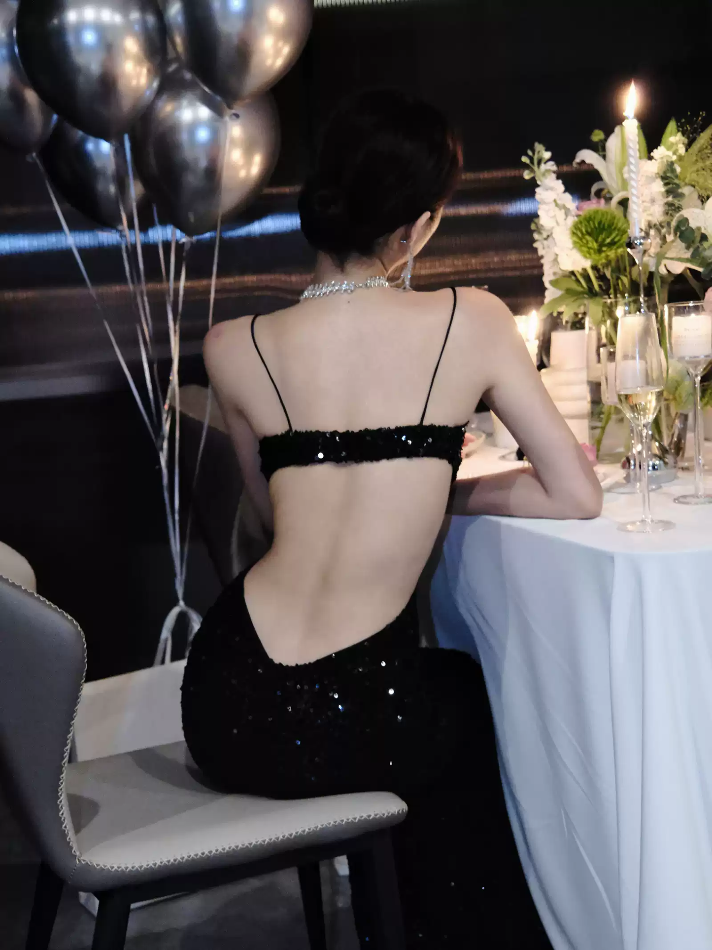 Black Sequins Sparkling Evening Dress,Sexy Backless Evening Gown Y1124