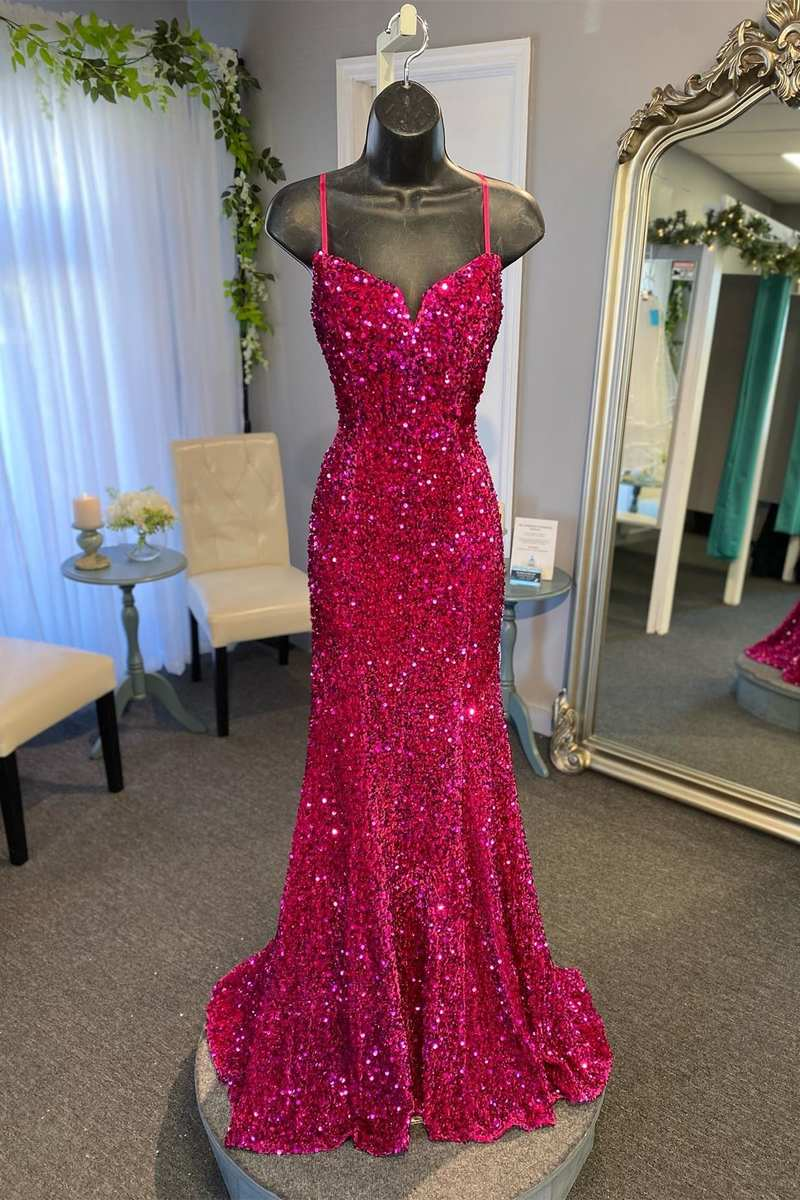 Magenta Sequin Split Neck Mermaid Long Prom Dress Y1694 Simplepromdress Magenta Sequin Split Neck Mermaid Long Prom Dress Y1694 Simplepromdress
