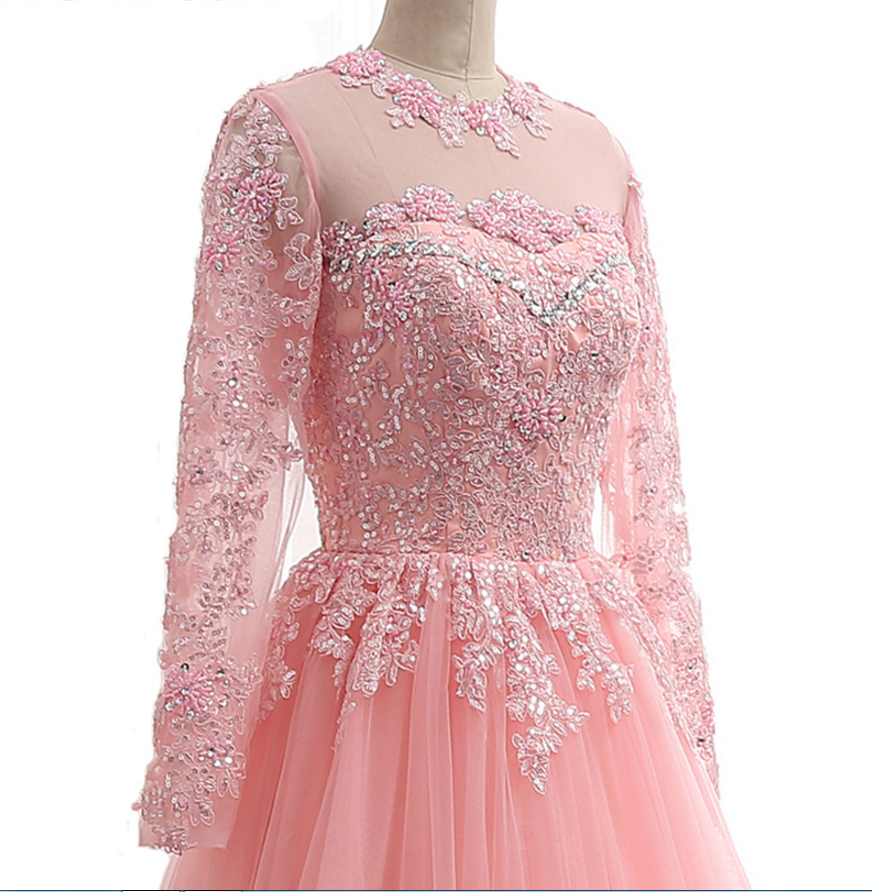 Lavender Tulle Long Sleeve Beaded Formal Prom Dress With Lace Applique Y890