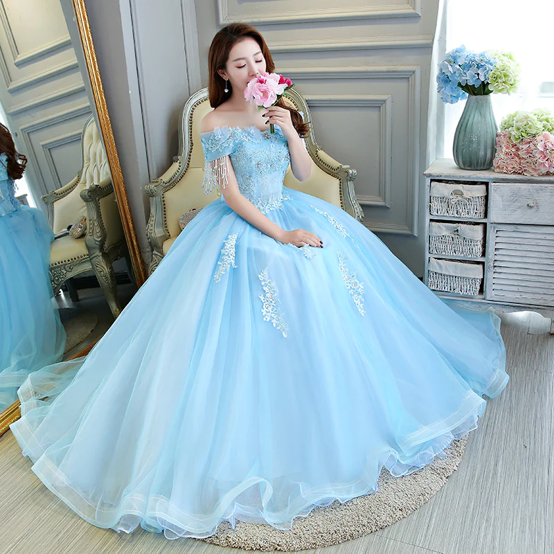 Luxurious Light Blue Ball Gown Off The Shoulder Princess Dress
