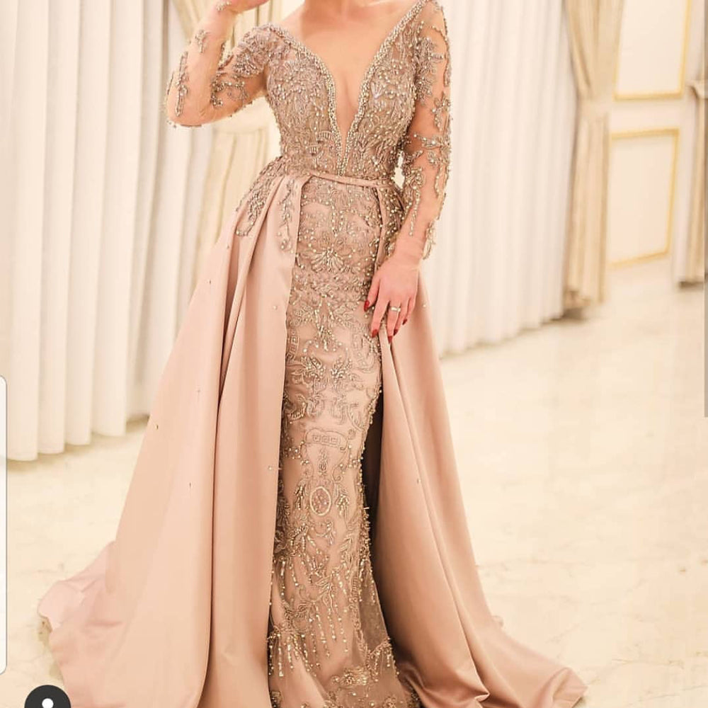 Champagne prom dresses,long sleeve beading sequins detachable train cr Simplepromdress Champagne prom dresses,long sleeve beading sequins detachable train cr Simplepromdress