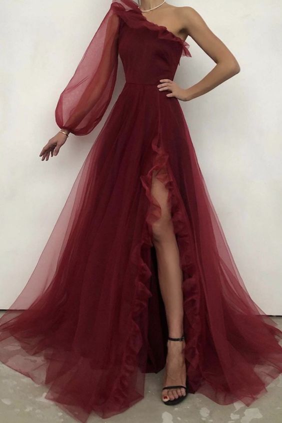 Burgundy tulle prom dress one shoulder evening dress S17925 Simplepromdress Burgundy tulle prom dress one shoulder evening dress S17925 Simplepromdress